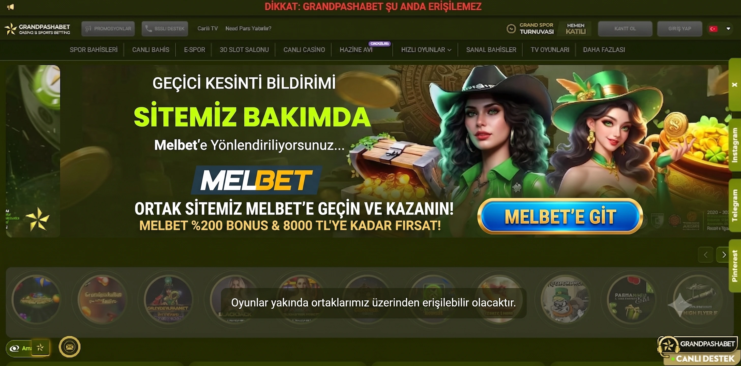 Grandpashabet geçici bakım bildirimi — ortak sitemiz Melbet'e geçin